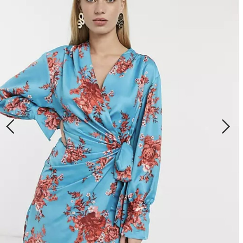ASOS Turquoise & Pink Wrap Around Satin Dress Size 12
